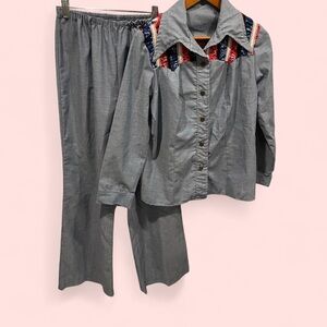 Vintage 70’s 2 piece butterfly collar handmade shirt and pull on bellbottoms set